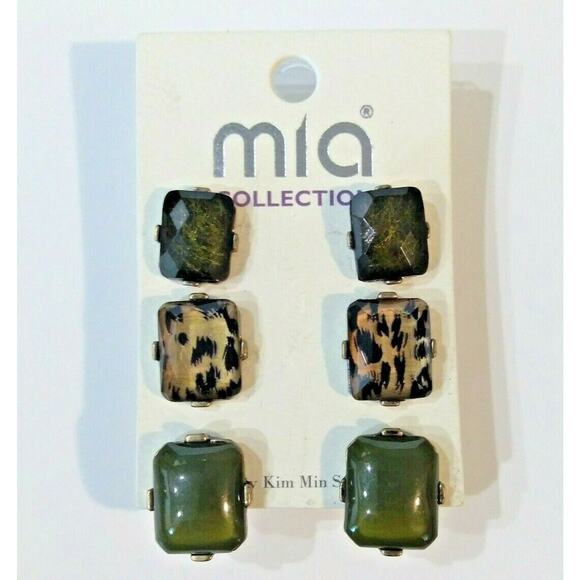 Mia Collection Earrings Set 3pc Animal Print Green Square Studs by Kim Min Sun - Picture 10 of 10